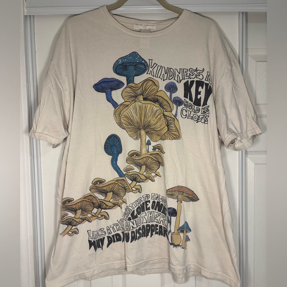 Urban Outfitters Oversized Tee with Kindness and Mushroom Design
